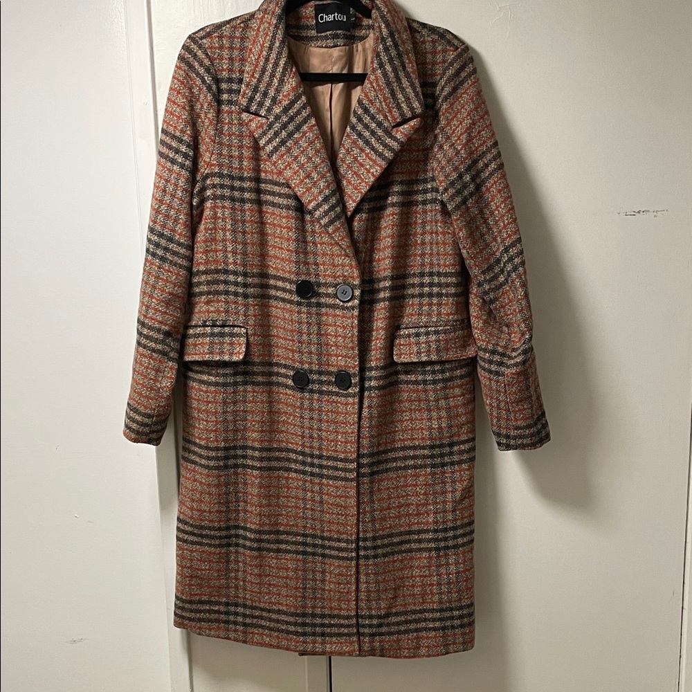 Chartou Charter Club Women's Trench Coat - Brown and Black Plaid L